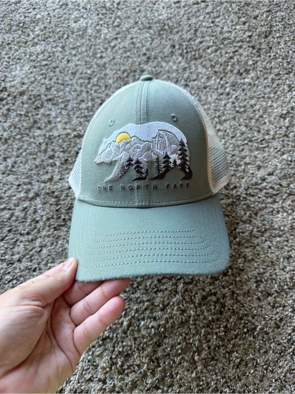 The North Face Sage Green Trucker Hat with Mountain Bear Patch